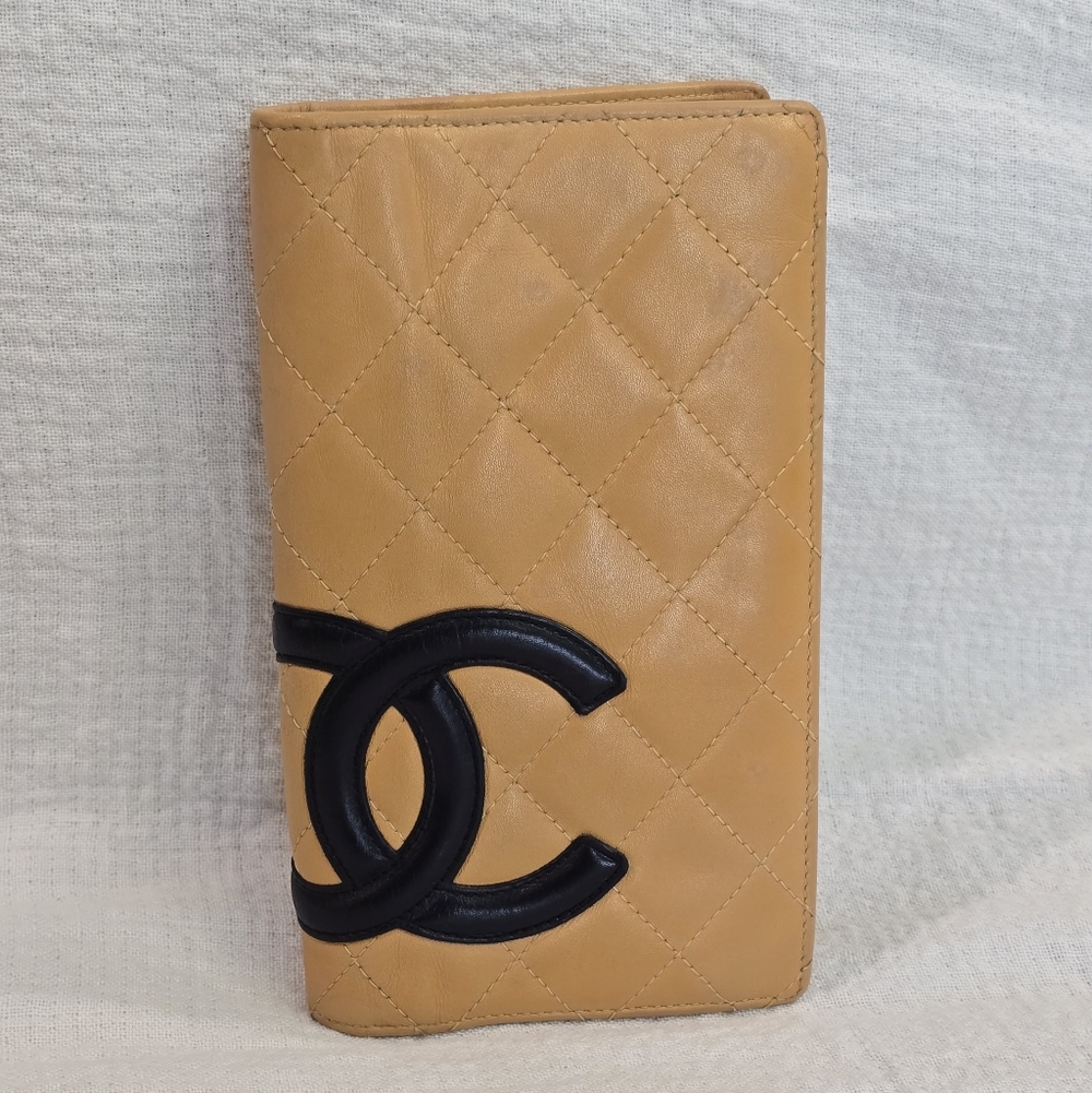 Chanel Cambon Long Leather Wallet Beige Black CC Passport Travel Yen Case Clutch